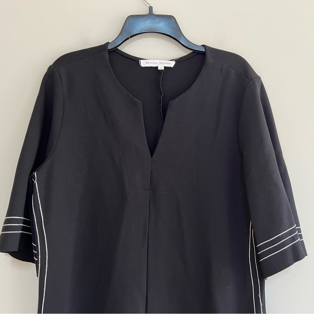 Melissa Nepton Taha Dress Flared 1/2 Sleeves, Black w/ White Detail Stitching, L - Picture 4 of 10